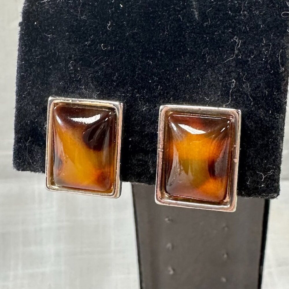 Vintage Amber Lucite and Silver Clip On Earrings